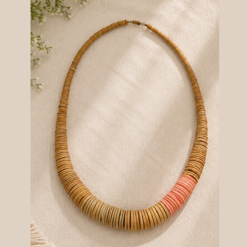 Vintage Natural Wood Disc Bead Necklace Coral Pink Heishi Statement Barrel Clasp